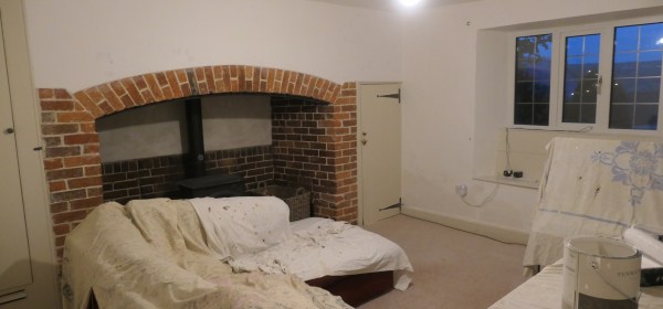The lounge mid-decoration, Ley Farm Cottages